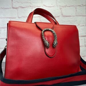 Gucci Dionysus Red Leather Top Handle Web 2 Way Tote